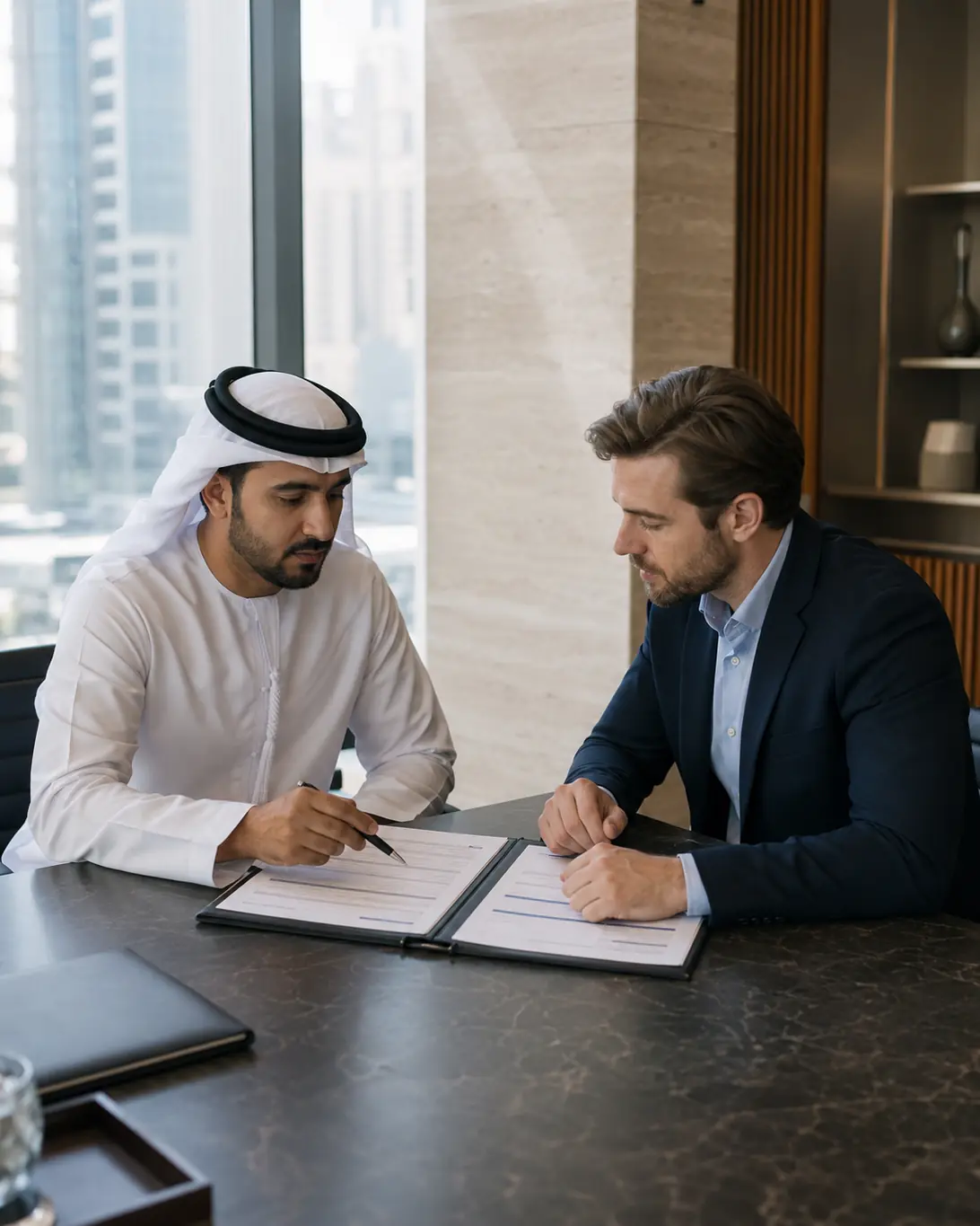 Banking and compliance consultation with company documentation reviewed in a modern UAE office