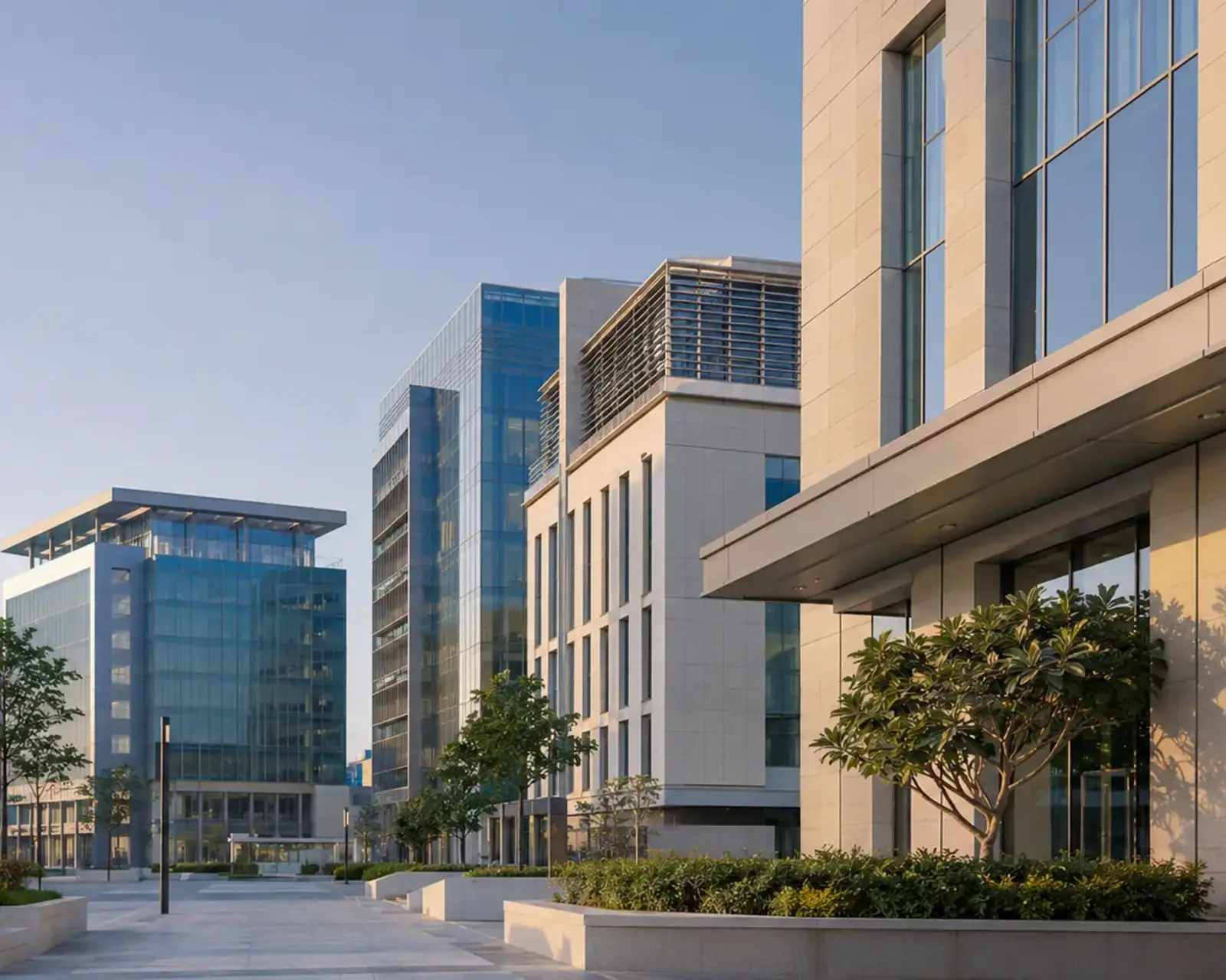 Contemporary Dubai Free Zone business district with glass office architecture in calm morning light