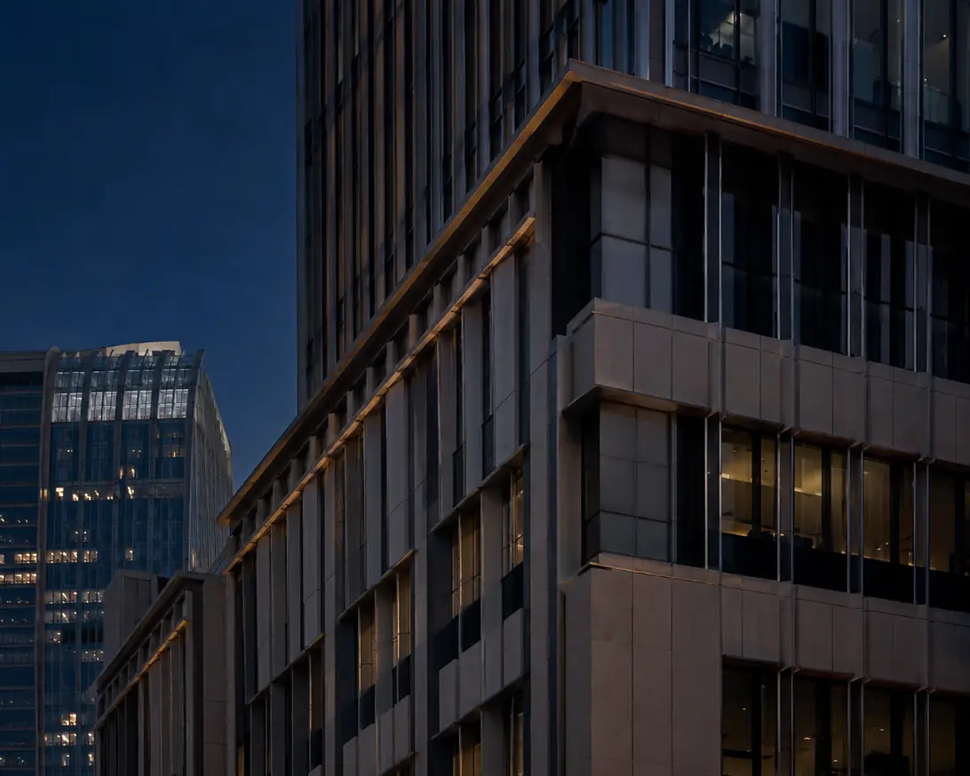 Refined Dubai architectural facade detail at dusk