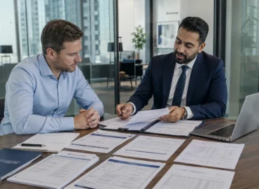 Business owner and banking advisor reviewing UAE corporate account documents in a Dubai office