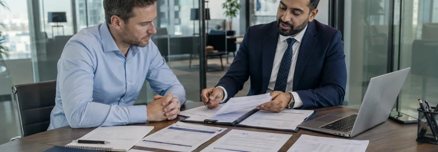 Business owner and banking advisor reviewing UAE corporate account documents in a Dubai office
