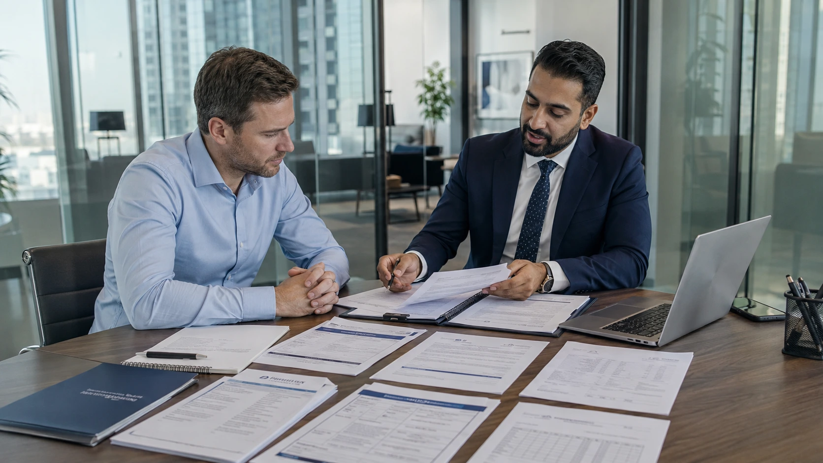 Business owner and banking advisor reviewing UAE corporate account documents in a Dubai office